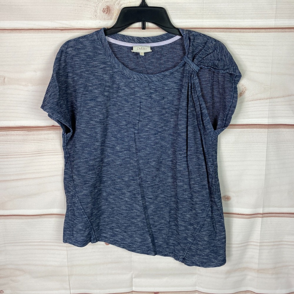 Deletta Top Womens S Blue Stripe Asymmetrical Sleeve Knit Blouse Cotton Pullover